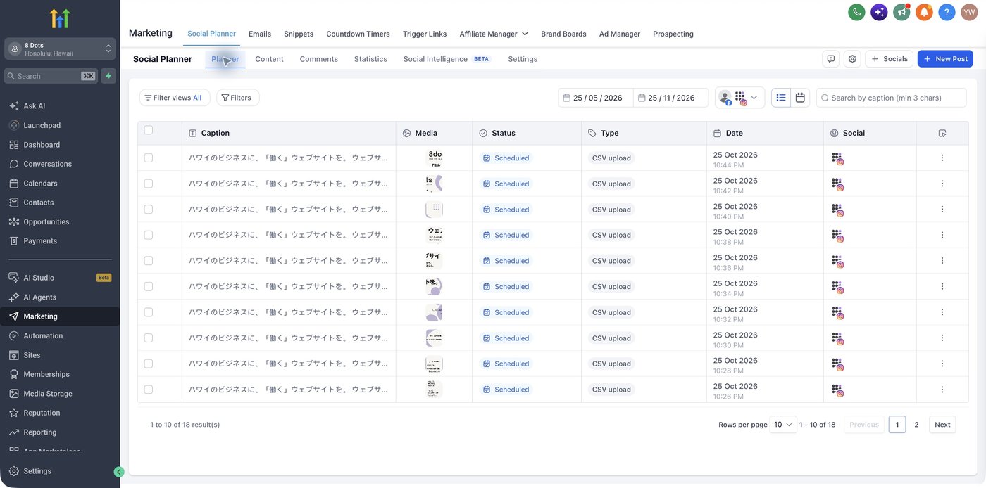 Go High LevelのSocial Planner。18投稿がCSV upload、Scheduledとして予約されている